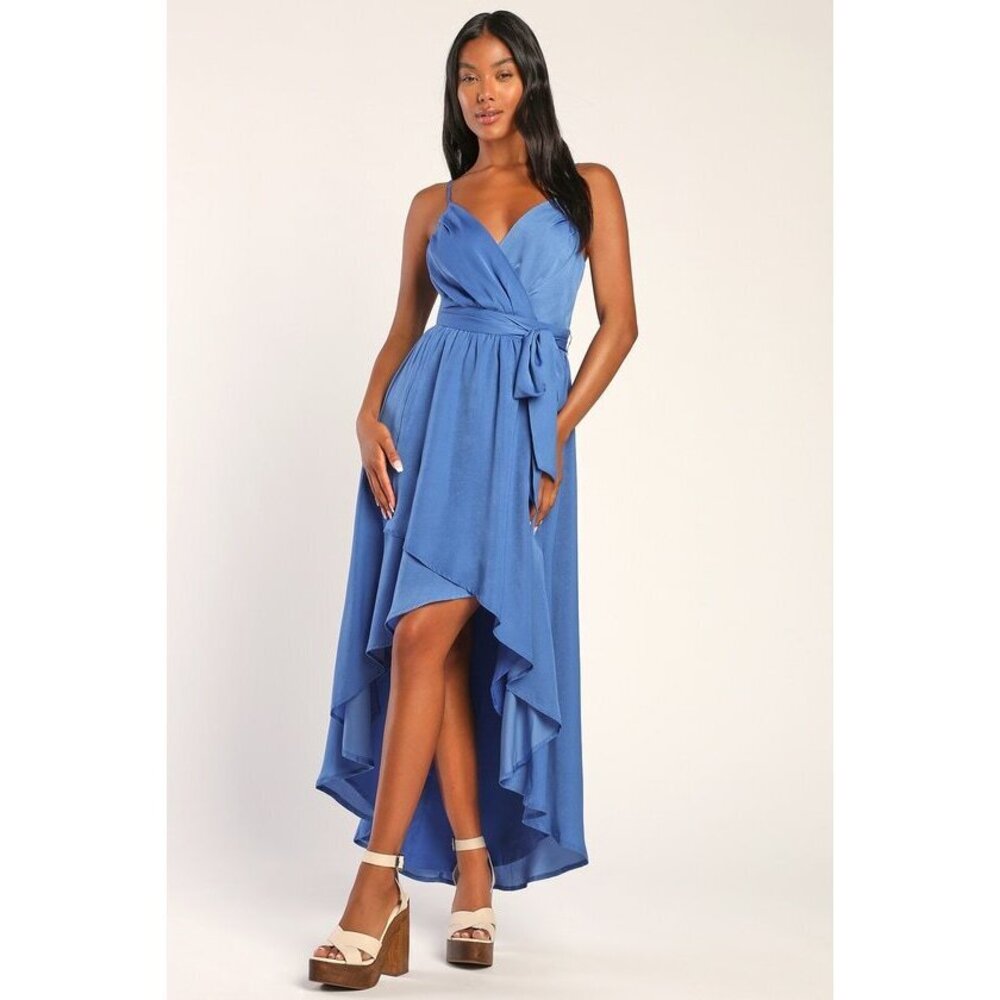 Lulus Sweep Me Off My Feet Blue Faux-wrap High-low Dress - Size L